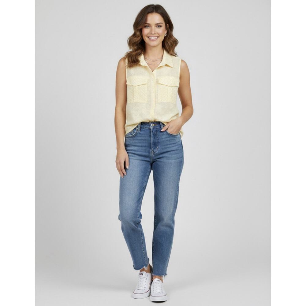 NWT Sim & Sam Yellow White Gingham Sleeveless Button Up Top Shirt Size Medium M